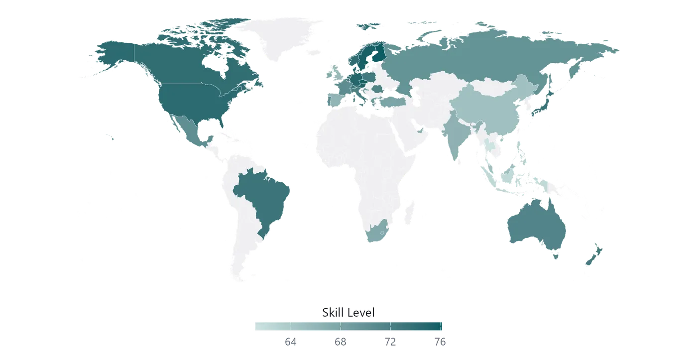 Social psychological skill across the globe. Darker blue indicates higher average skill; gray countries lacked sufficient data. Skill tends to be higher in colder climates.